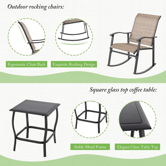 Shintenchi 3 Piece Rocking Bistro Set, Outdoor Furniture with Rocker Chairs and Glass Coffee Table Set of 3, Balcony, Porch Furniture for Small Space, Brown - Image 5
