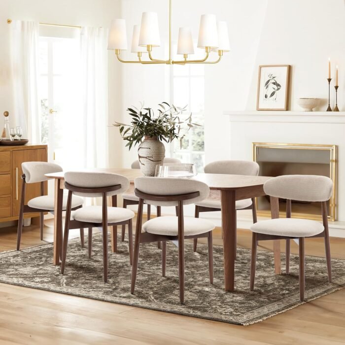 COLAMY Wooden Dining Chairs Set of 6, Modern Fabric Upholstered Dining Room Chair, Farmhouse Kitchen Side Chairs with Foot Pegs, Beige - Image 8