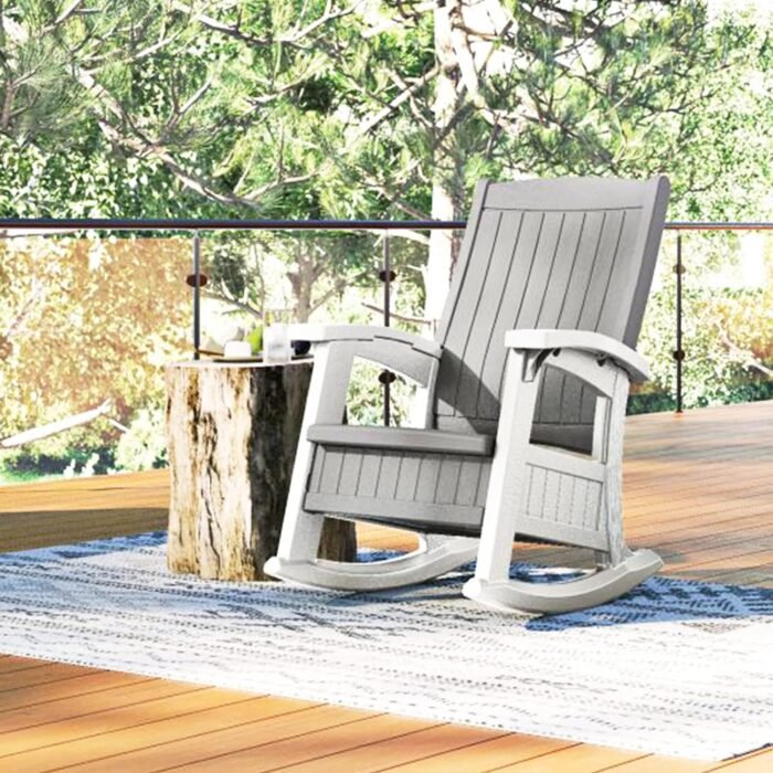 Suncast Outdoor Patio Rocking Chair with Under-Seat Storage, Stylish Faux Wood Outdoor Rocker for Patios, Dove Gray - Image 5