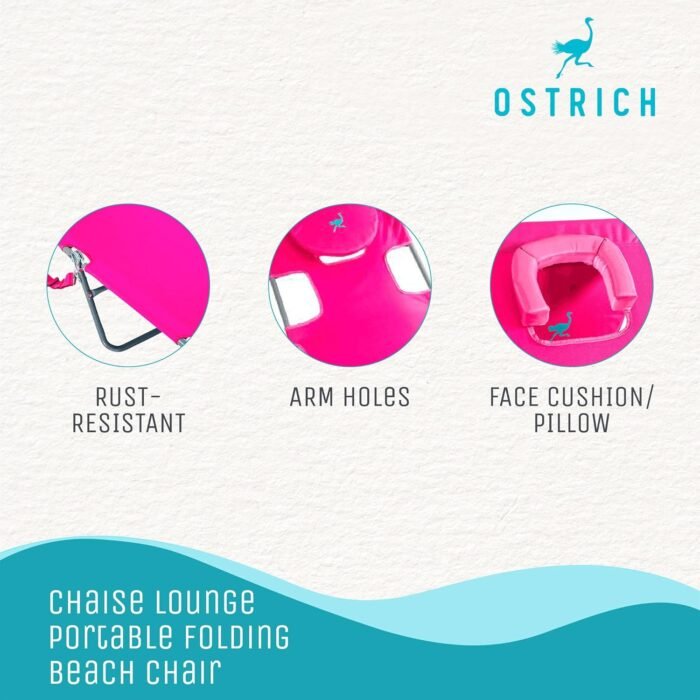 Ostrich 72" x 22" Chaise Lounge Portable Lightweight Reclining Lounger, Outdoor Patio Beach Lawn Camping Pool Tanning Chair, Pink - Image 4