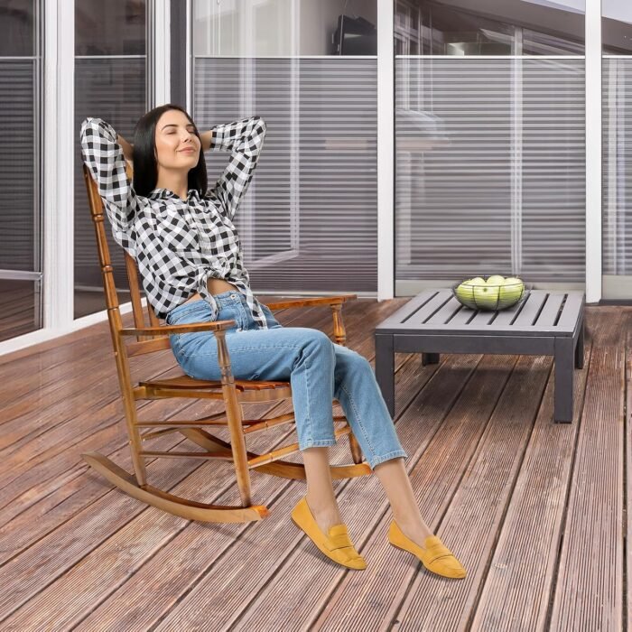 VINGLI 2 PCS Wood Rocking Chair Outdoor with 450 lbs Support, Outdoor Rocking Chair Set of 2, Solid Wood High Back Seat Reclining Seat for Deck, Garden, Backyard, Porch, Indoor or Outdoor Use, Teak - Image 7