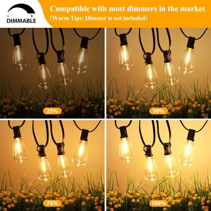 Brightever LED Outdoor String Lights 100FT Patio Lights with 52 Shatterproof ST38 Vintage Edison Bulbs, Outside Hanging Lights Waterproof for Porch, Deck, Garden, Backyard, Balcony, 2700K Dimmable - Image 4