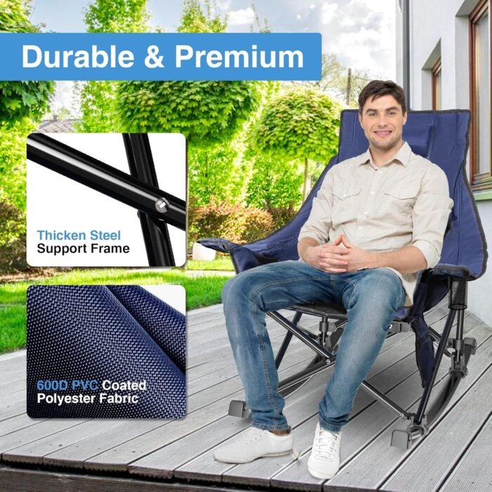 Slendor Oversized Rocking Camping Chair, Heated Camping Chair with 3 Heat Levels, Portable Outdoor Rocker Chair, High Back, Pillow, Carry Bag, Padded, Supports 330 lbs, Navy Blue - Image 6