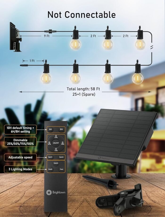 Brightown 58FT Solar String Lights Outdoor with Remote Cable Ties and Hooks, Commercial Grade Patio Lights with 26 LED Shatterproof Bulbs, 3 Light Modes Hanging Light for Backyard Party Decor - Image 7