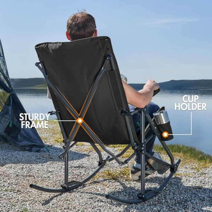 PORTAL Oversized Folding Rocking Camping Chair High Back Outdoor Rocker Portable for Outside Lawn Patio Travel Garden, Supports 400 lbs, Padded Back, Black Grey - Image 5