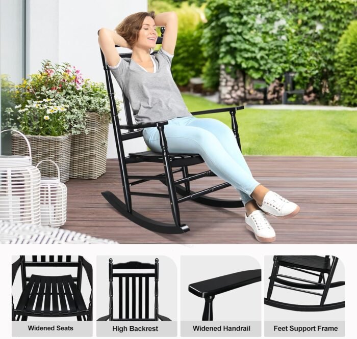VINGLI Wood Rocking Chair Outdoor with 450 lbs Support Relaxing Rocker Solid Wood High Back Seat Reclining Seat for Deck, Garden, Backyard, Porch, Indoor or Outdoor Use, Black - Image 5