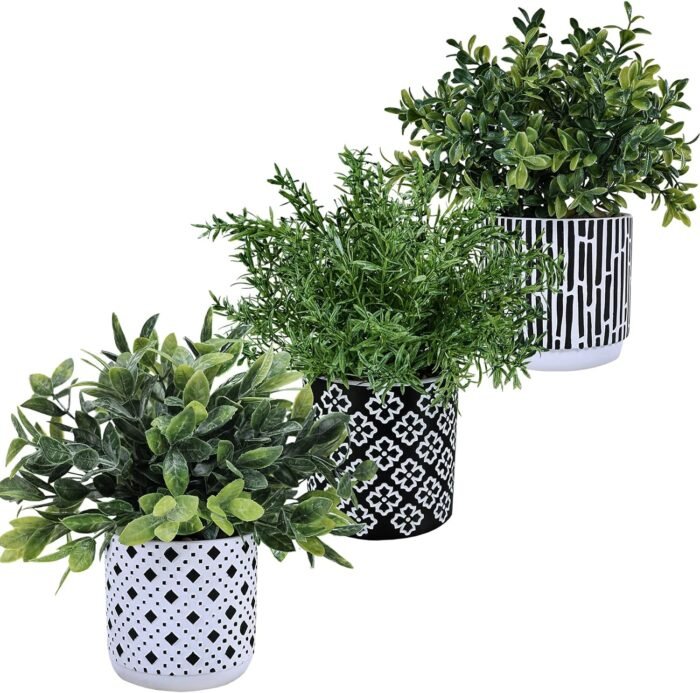 Winlyn 3-Pack Artificial Potted Plants - Faux Eucalyptus, Rosemary, Boxwood Greenery in Small Black & White Geometric Concrete Pots -Desk, Table, Shelf, Windowsill Decor for Indoor Outdoor Home Office - Image 2