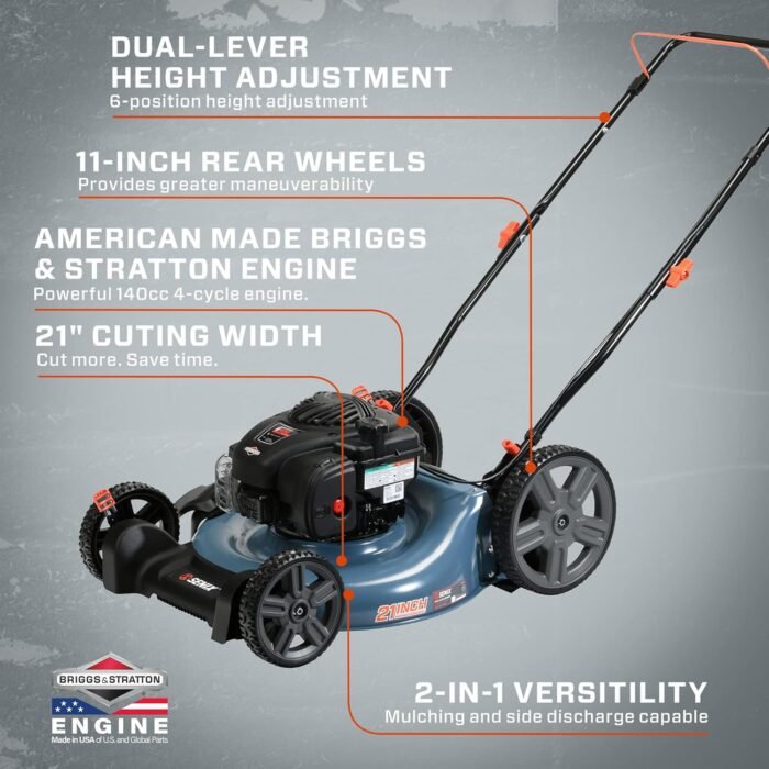 SENIX 21-Inch Gas Push Lawn Mower with 140 cc 4-Cycle Briggs & Stratton Engine, Mulching and Side Discharge, 6-Position Dual Lever Height Adjustment (LSPG-M6) - Image 3