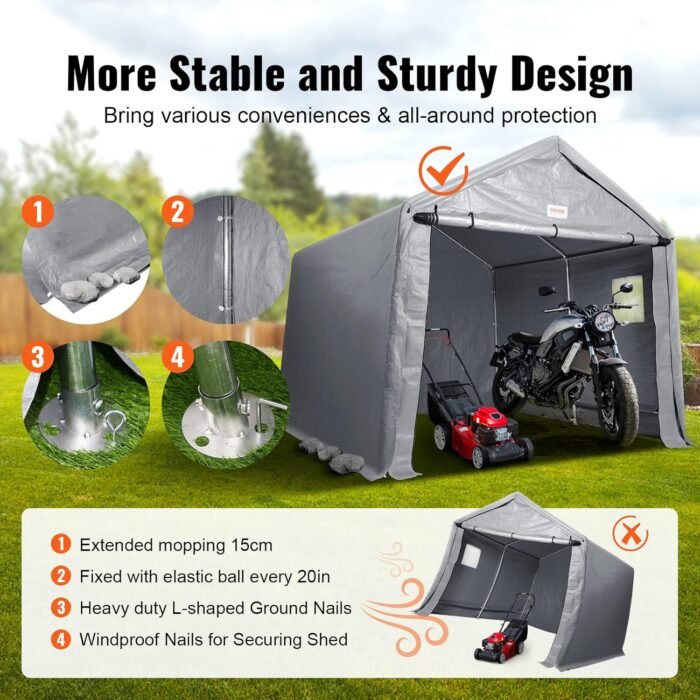 VEVOR Portable Shed Outdoor Storage Shelter, 6x8x7 ft Heavy Duty Instant Waterproof Storage Tent Sheds with Roll-up Zipper Door and Ventilated Windows for Motorcycle, Bike, Garden Tools - Image 3