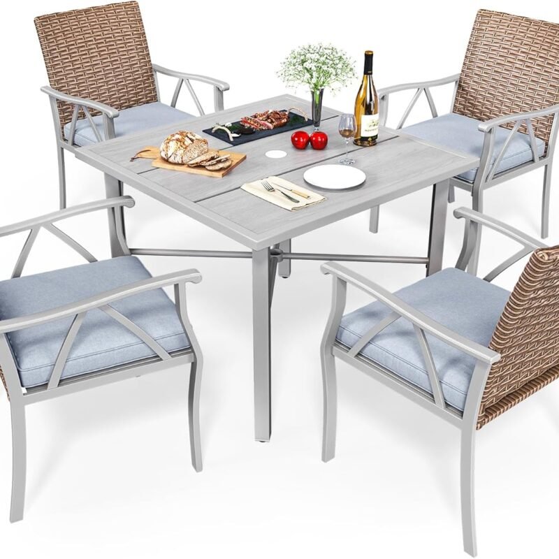 YITAHOME 5-Piece Patio Dining Set, Outdoor Wicker Conversation Furniture w/2" Umbrella Hole Imitation Wood Grain Dining Table for Backyard, Balcony and Garden