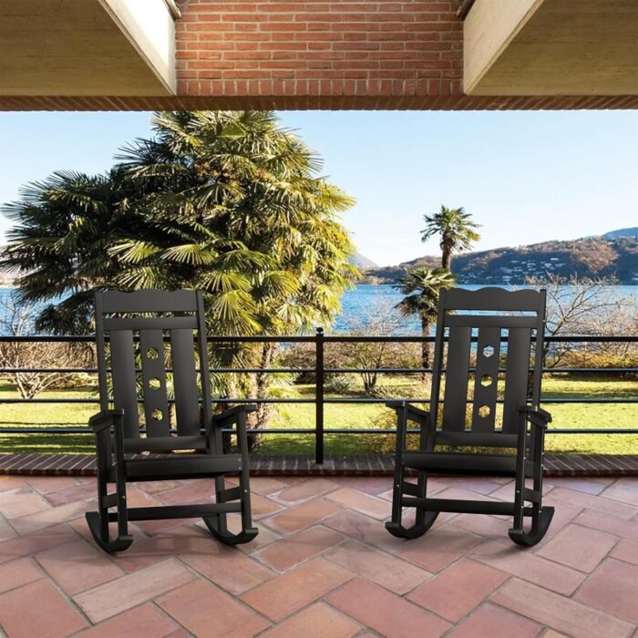 All-Weather Outdoor Rocking Chair, Oversized Porch Rocker Chair with 400 lbs Weight Capacity, High Back and Armrest, for Outdoor and Indoor, Garden, Backyard, Fire Pit, Lawn, Black - Image 8