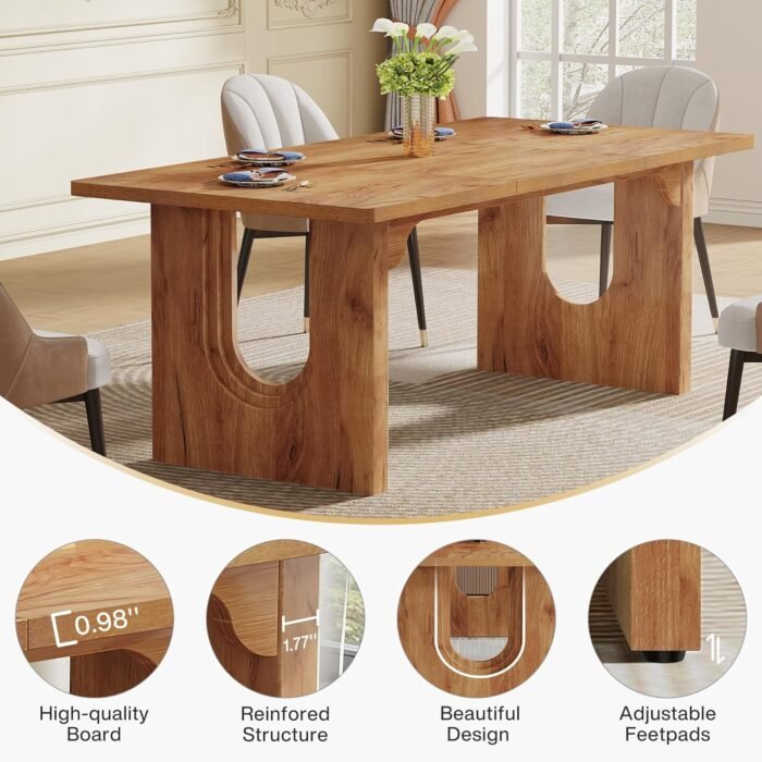 Tribesigns Modern Dining Table for 6 to 8 People, 71" Large Kitchen Dining Table with Wood Pedestal Base, Rectangular Long Dinner Table for Kitchen, Dining Room, Living Room, Rustic Brown - Image 7