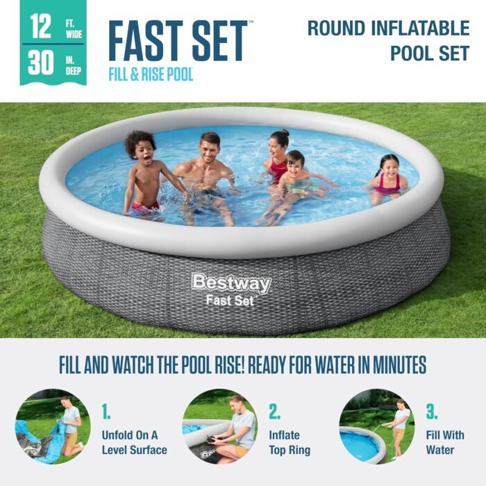 Bestway Fast Set Inflatable Pool Set (12' x 30") | Rattan Print | Round Above Ground Pool | Includes Filter Pump & Repair Patch - Image 2