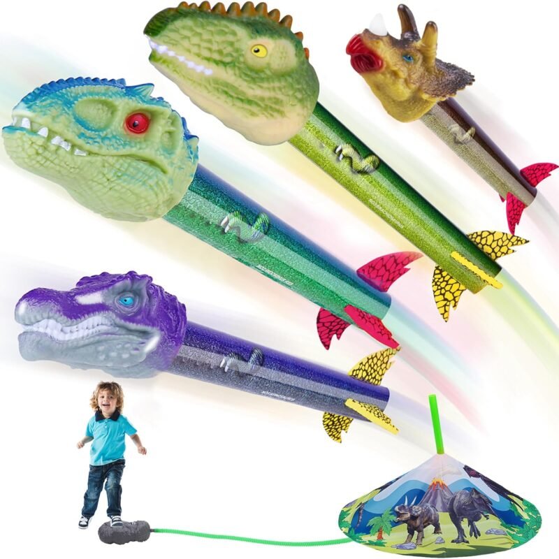 Dinosaur Toy Rocket Launcher for Kids - Launch Up to 100 Ft, 4 Rockets, Outdoor Outside Toys for Kids, Dinosaur Toys, Birthday Gifts for 3 4 5 6 7 8-12 Year Old Boys Girls