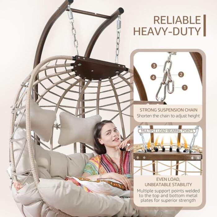 NICESOUL® Double Swing Egg Chair with Stand, Extra Large 2 Person Indoor Outdoor Wicker Patio Loveseat Basket Hanging Chair with Beige Cushions, 510 Lbs Capacity for Bedroom Balcony Oversized - Image 6