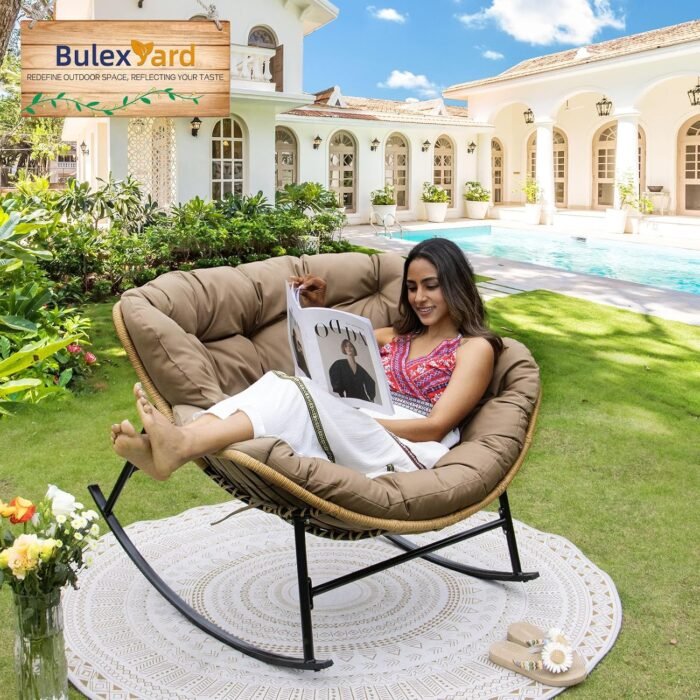 BULEXYARD Outdoor Papasan Rocking Chair with Padded Cushion, Oversized PE Rattan Comfy Royal Rocking Lounge Chair, Modern Comfy Patio Egg Chair Indoor Outdoor (1 pc, Brown) - Image 9