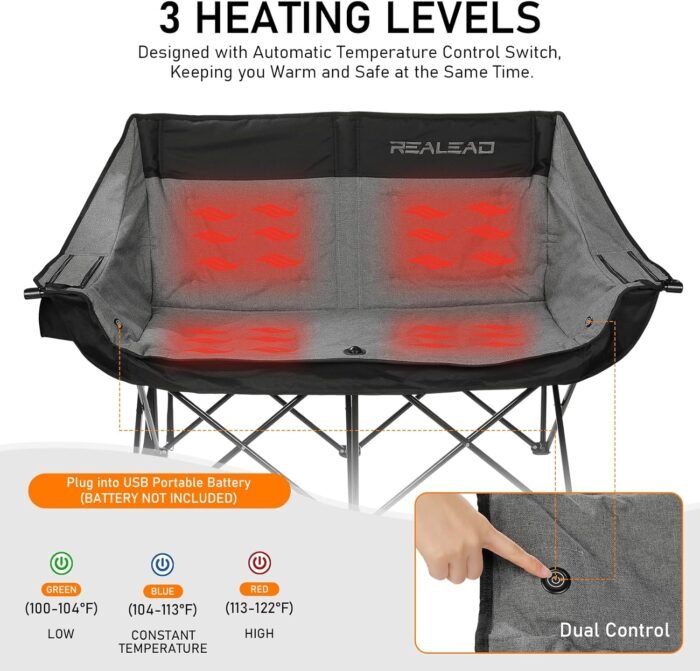 REALEAD Heated Double Camping Chair, 3 Heat Levels and 4 Heating Zones, Portable Heated Loveseat Chair for Outdoor Sports Support 650lbs, Heated Folding Chairs for Outside, Battery NOT Included - Image 3