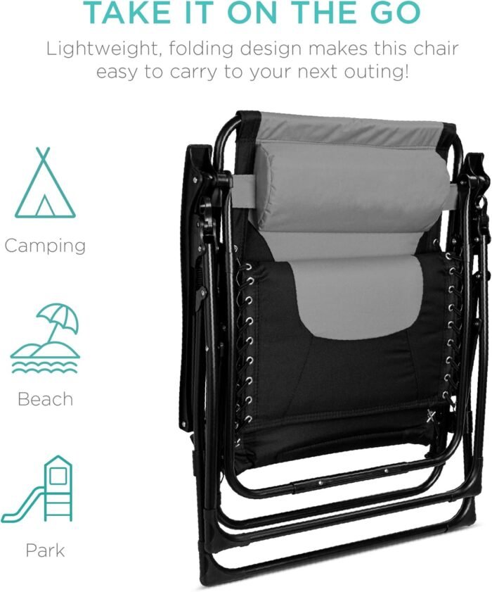 Best Choice Products Oversized Padded Zero Gravity Chair, Folding Outdoor Patio Recliner, XL Anti Gravity Lounger for Backyard w/Headrest, Cup Holder, Side Tray, Polyester Mesh - Black/Gray - Image 5