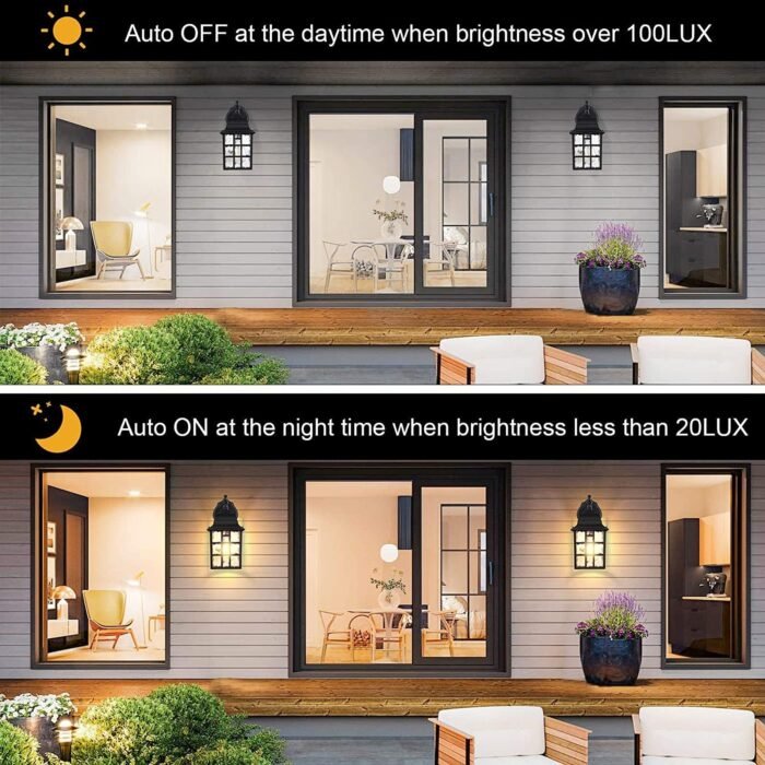 WIHTU 2-Pack Dusk to Dawn Outdoor Wall Lights, Sensor Exterior Light Fixtures, Porch Lights, Black Waterproof Wall Sconces, Outside Lighting for Garage, Front Door - Image 2