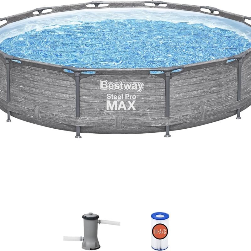 Bestway Steel Pro MAX 12' x 30" Round Above Ground Swimming Pool Set Outdoor Metal Frame Family Pool with Liner and Filter Pump, Gray