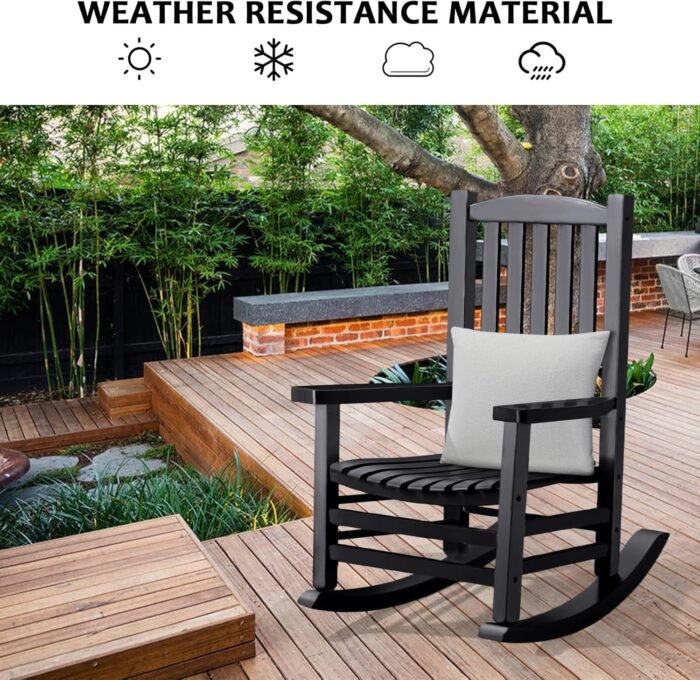 Wooden Rocking Chair Rocker Outdoor Oversized Porch Rocker Chair,Patio Wooden Rocker with High Back and Armrest,All Weather Rocker Slatted for Backyard,Garden,400 lbs Support,Black - Image 8