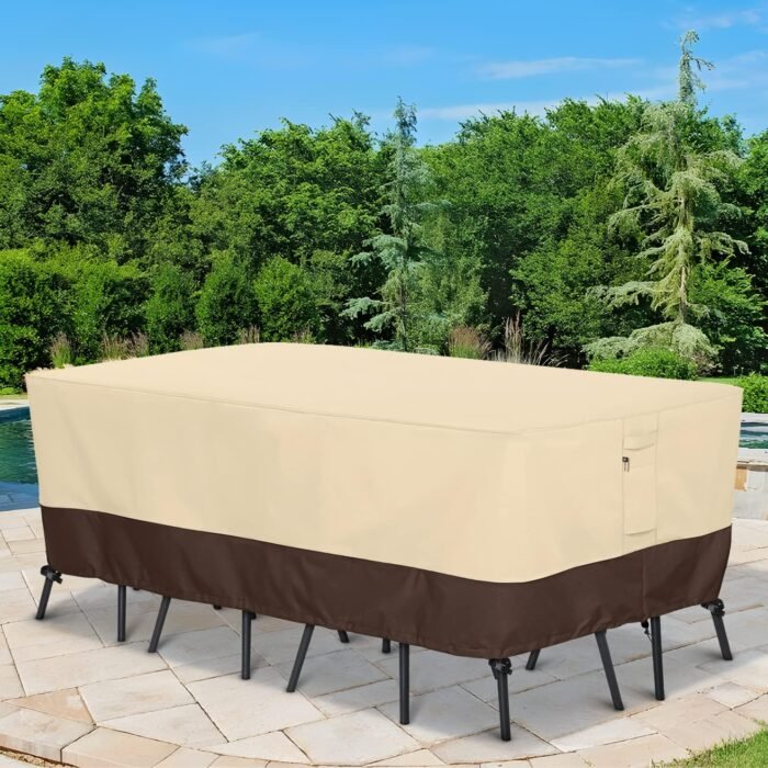Waterproof Patio Furniture Set Cover, Rectangular Dining Table and Chairs Cover, Heavy Duty Outdoor Furniture Cover for Sectional Conversation Set, 88'' x 62'' x 28''H, Beige & Brown - Image 7
