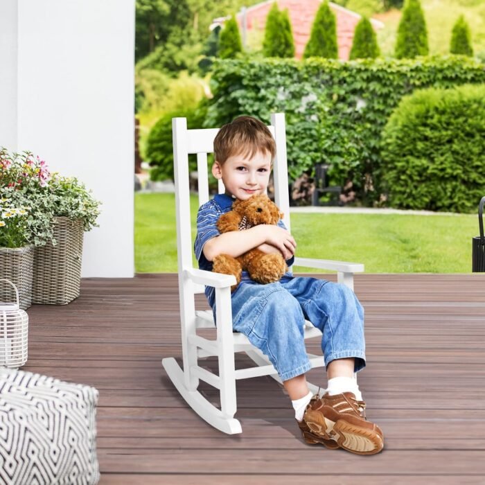 VINGLI Outdoor Child’s Rocking Chair, All Weather Wooden Rocking Chair with High Backrest, Patio Rocker for Garden, Yard, Balcony, Wooden Rocker for 3-9 Years Old, White - Image 7