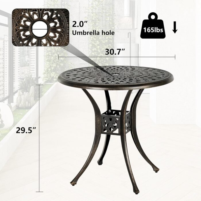 31in Round Cast Aluminum Patio Bistro Table, Outdoor Dining Table with 2" Umbrella Hole, Weather-Resistant Table for Porch, Backyard, Garden, Balcony, Bronze (31" Round Table) - Image 3