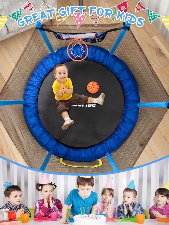 BLUERISE Trampoline 55IN 6FT Toddler Trampoline for Kids Indoor Outdoor Play for Kids Trampoline Basketball Hoop Attachment with Enclosure Net Easy to Assemble Outdoor Indoor Trampoline - Image 7