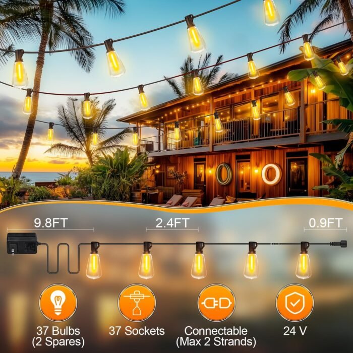 Outdoor String Led Patio Lights - 100Ft 30M Outside Waterproof Light With Remote Dimmable ST38 Shatterproof Bulb Connectable Hanging Outdoor Electric Lighting For Backyard Yard Gazebo Porch Party - Image 7