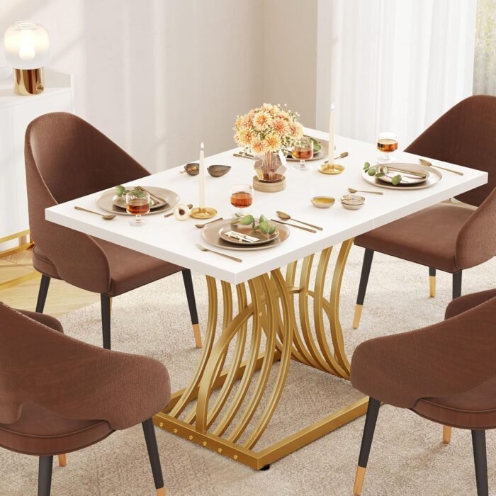 DWVO Modern Dining Table for 4 People 47 Inch Rectangular Kitchen Table with Faux Marble Tabletop and Gold Geometric Legs Small Dinner Table Kitchen & Dining Room Furniture White and Gold - Image 6