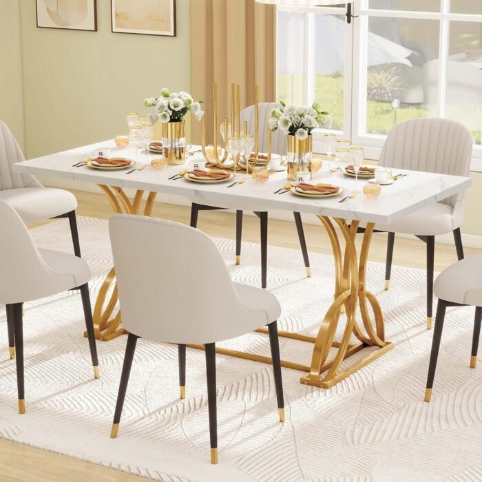 DWVO 70.3" Large Modern Dining Table for 6-8 People Rectangular White Kitchen Dining Room Table with Faux Marble Tabletop and Gold Geometric Metal Legs Farmhouse Wood Dinner Tables, White and Gold - Image 6