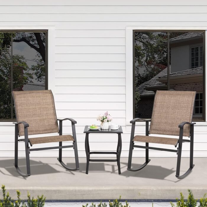 Shintenchi 3 Piece Rocking Bistro Set, Outdoor Furniture with Rocker Chairs and Glass Coffee Table Set of 3, Balcony, Porch Furniture for Small Space, Brown - Image 2