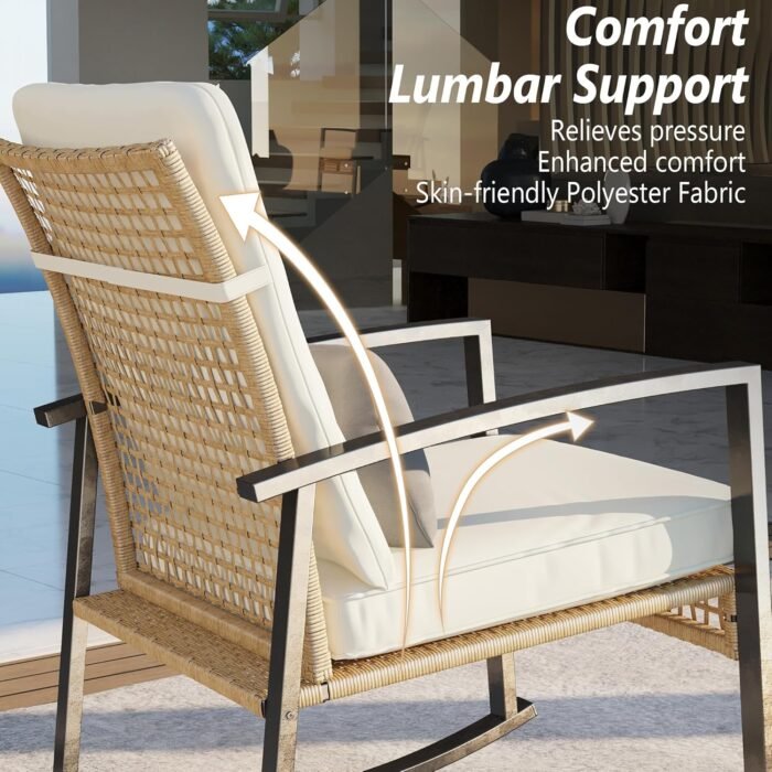 3 Piece Patio Rocking Chairs Set of 2, Outdoor Rocking Chair Bistro Set with Tempered Glass Coffee Table and Thick Lumbar Pillow Set, Front Porch Chairs for Garden, Backyard, Poolside (Beige) - Image 2