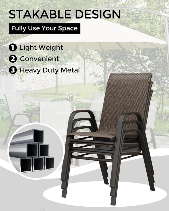 Stackable Dining Chairs Set of 4, High-Back Patio Dining Chairs Set, Outdoor Chairs with Textilene Fabric & Metal Frame for Lawn Backyard Deck Garden, Brown - Image 7