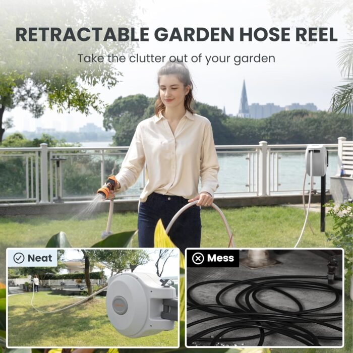 Giraffe Tools CW20 Retractable Garden Hose Reel 5/8" x 60 ft Heavy Duty Water Hose Reel, Swivel Bracket, Any Length Lock, Light Grey - Image 2