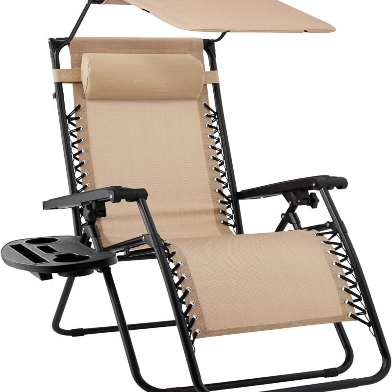 Best Choice Products Folding Zero Gravity Outdoor Recliner Patio Lounge Chair w/Adjustable Canopy Shade, Headrest, Side Accessory Tray, Textilene Mesh - Beige