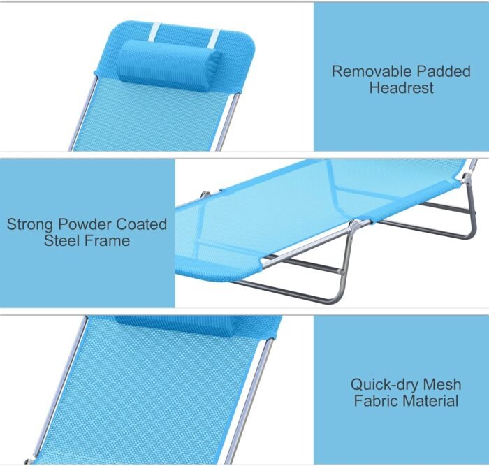 Outsunny Folding Chaise Lounge Pool Chairs, Outdoor Sun Tanning Chairs with Pillow, Reclining Back, Steel Frame & Breathable Mesh for Beach, Yard, Patio, Blue - Image 4