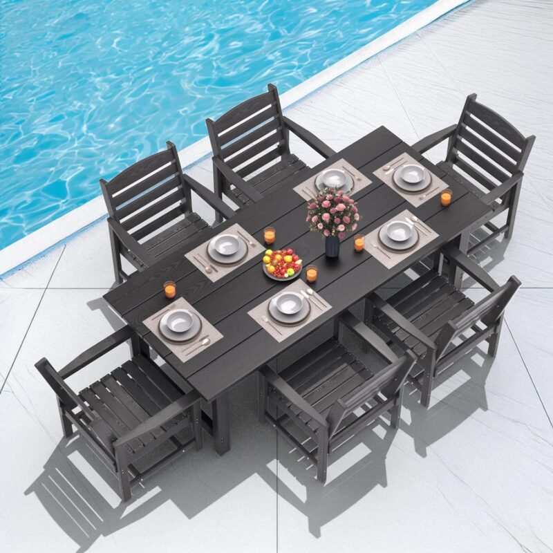 TenKa 7 Piece HDPE Patio Outdoor Furniture Set for 6, Dining Table and Chairs,Outdoor Table with Umbrella Hole, Outdoor Dining Set for Garden, Backyard, Lawn, and Poolside