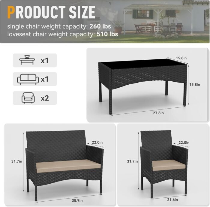 Kurapika Patio Furniture Set 4 Pieces Outdoor Wicker Rattan Chairs Conversation Sets w/Coffee Table, Rocking Bistro Set, for Patio Lawn Backyard (Sand) - Image 2