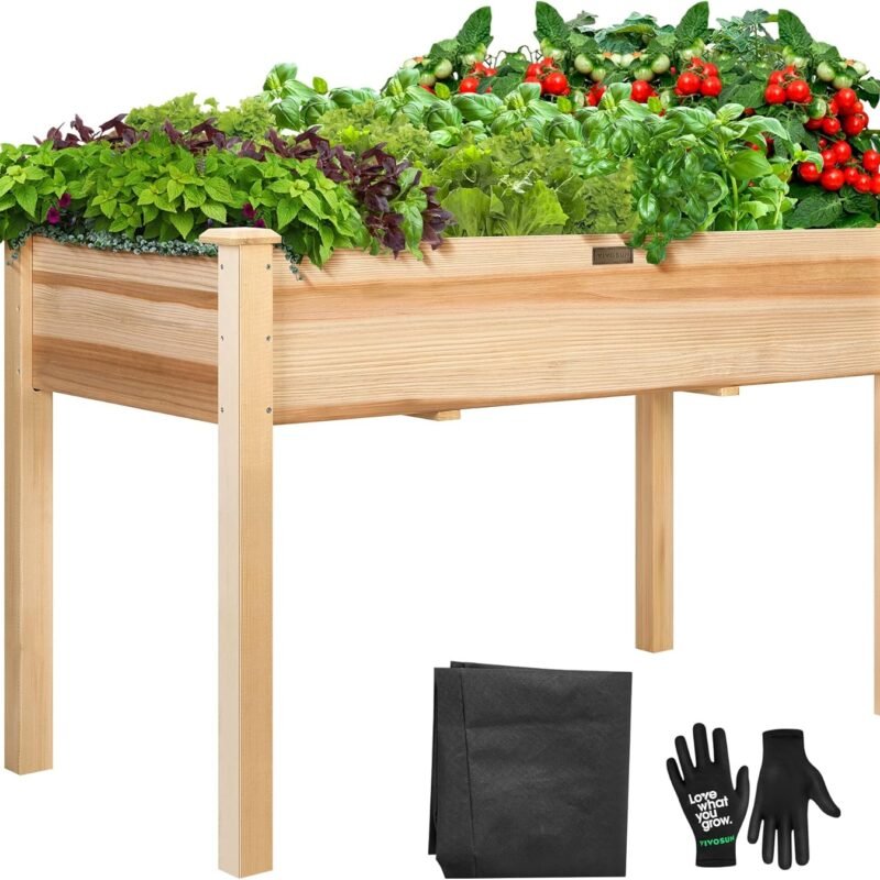 VIVOSUN Elevated Wooden Raised Garden Bed, 48 x 24 x 30 Inches, Outdoor Wood Planter Box w Bed Liner and Gloves for Garden, Patio, Balcony, Backyard and Outdoors, 220-Pound Capacity