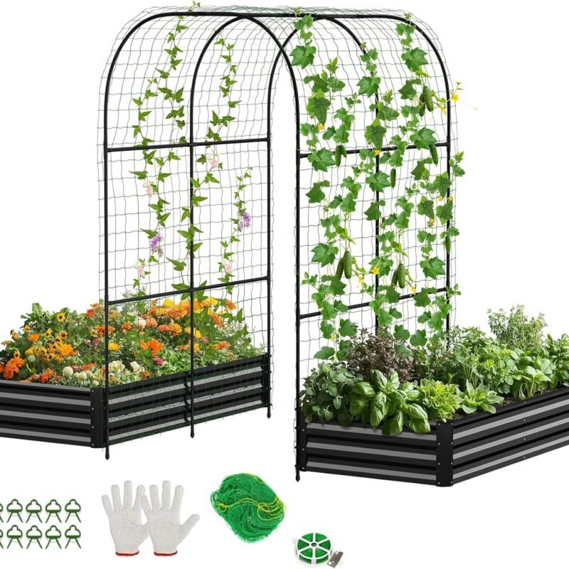 DoCred 3 in 1 Raised Garden Bed with 87in Tall Arch Trellis for Climbing Plants, Galvanized Planter Garden Box Outdoor for Gardening, Climbing Vegetables, Flower, Black