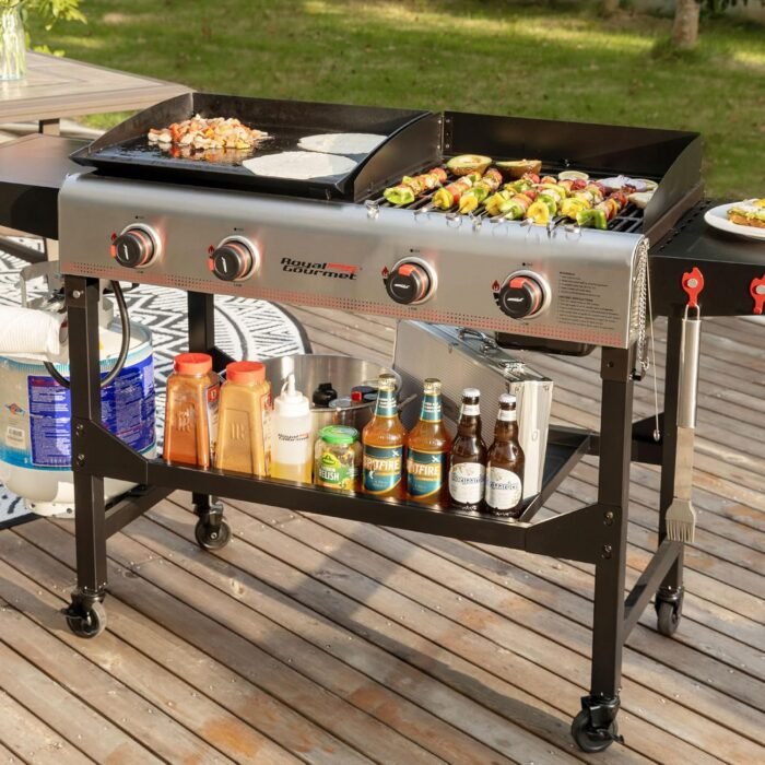 Royal Gourmet GD403 4-Burner Propane Gas Grill and Griddle Combo with Folding Legs, 48,000 BTUs, Portable Griddle Grill Combo for Outdoor Cooking While Camping or Tailgating, Black & Silver - Image 3