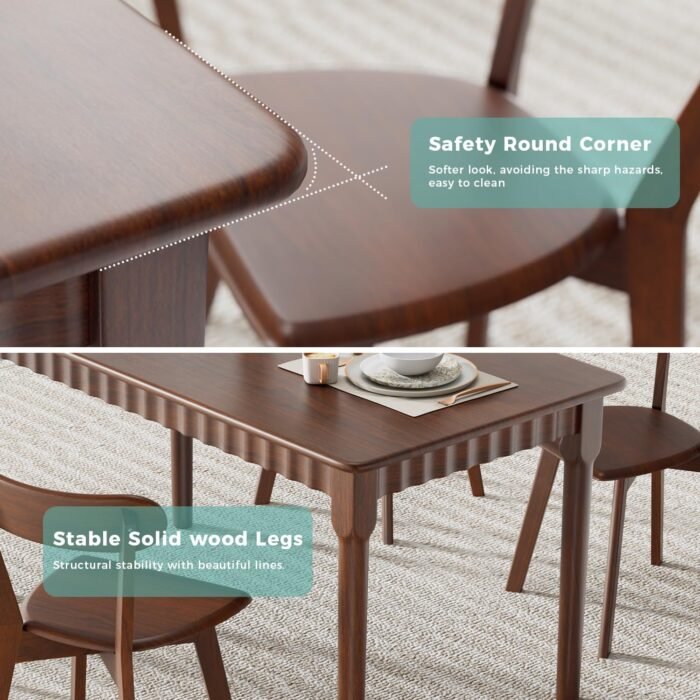59 Inch Solid Wood Dining Table for 4-6, Farmhouse Kitchen Table with Large Tabletop, Mid Century Modern Table for Dining Room, Living Room, Kitchen, Easy Assembly, Walnut - Image 7