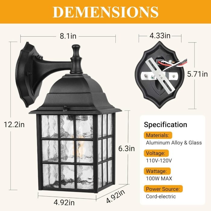 WIHTU 2-Pack Dusk to Dawn Outdoor Wall Lights, Sensor Exterior Light Fixtures, Porch Lights, Black Waterproof Wall Sconces, Outside Lighting for Garage, Front Door - Image 5