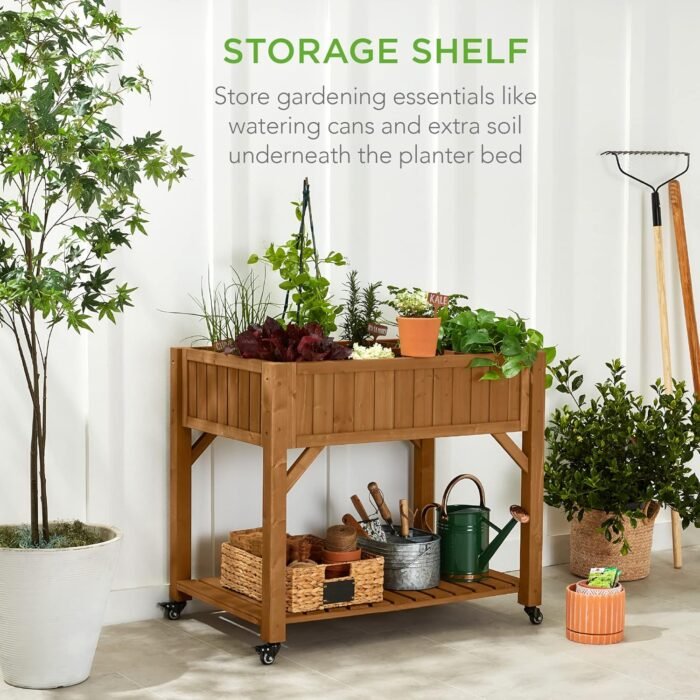 Best Choice Products Elevated 8 Pocket Herb Garden Bed, Mobile Raised Customizable Wood Planter for Herbs, Vegetables, Flowers w/Lockable Wheels, Storage Shelf, Drainage Holes - Acorn Brown - Image 4