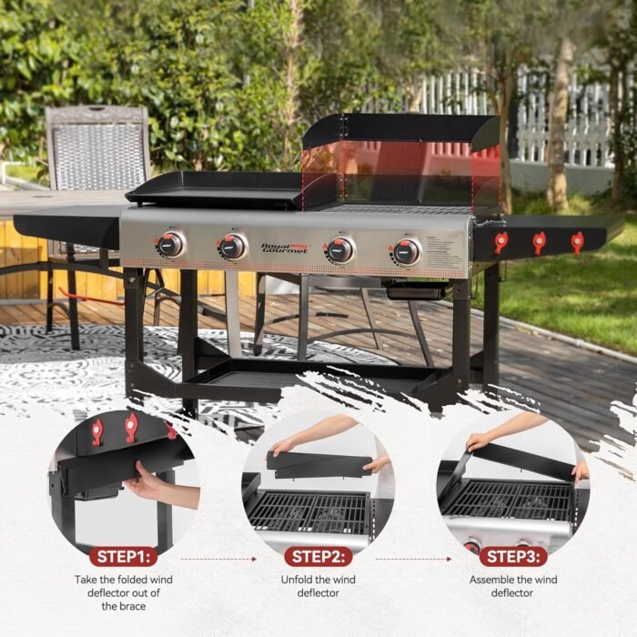 Royal Gourmet GD403 4-Burner Propane Gas Grill and Griddle Combo with Folding Legs, 48,000 BTUs, Portable Griddle Grill Combo for Outdoor Cooking While Camping or Tailgating, Black & Silver - Image 12