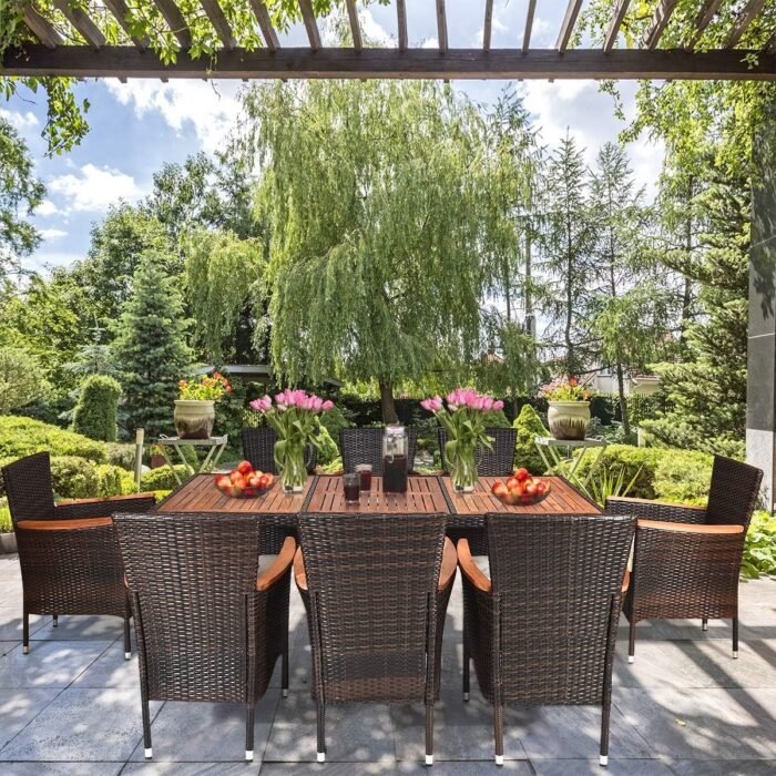 Tangkula 9 Piece Outdoor Dining Set, Garden Patio Wicker Set w/Cushions, Furniture with Acacia Wood Table and Stackable Armrest Chairs - Image 2