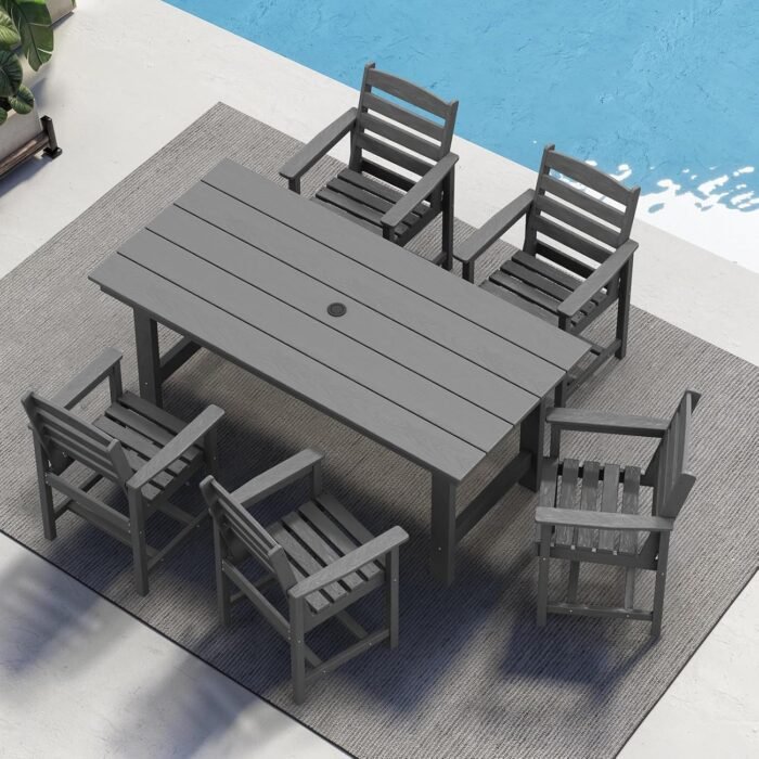 SERWALL Outdoor HDPE Dining Table Set, 7-Piece Outdoor Dining Table Sets with Umbrella Hole Cut-Out Table and 6 Chairs, Gray - Image 8