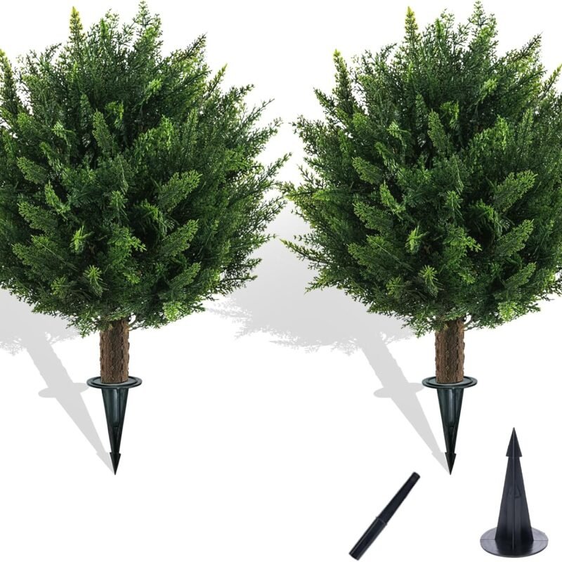 21" Artificial Cypress Topiary Outdoor Plants with Spike, 2 Pack Faux Cedar Bushes UV Resistant Fake Shrubs for Front Porch Décor